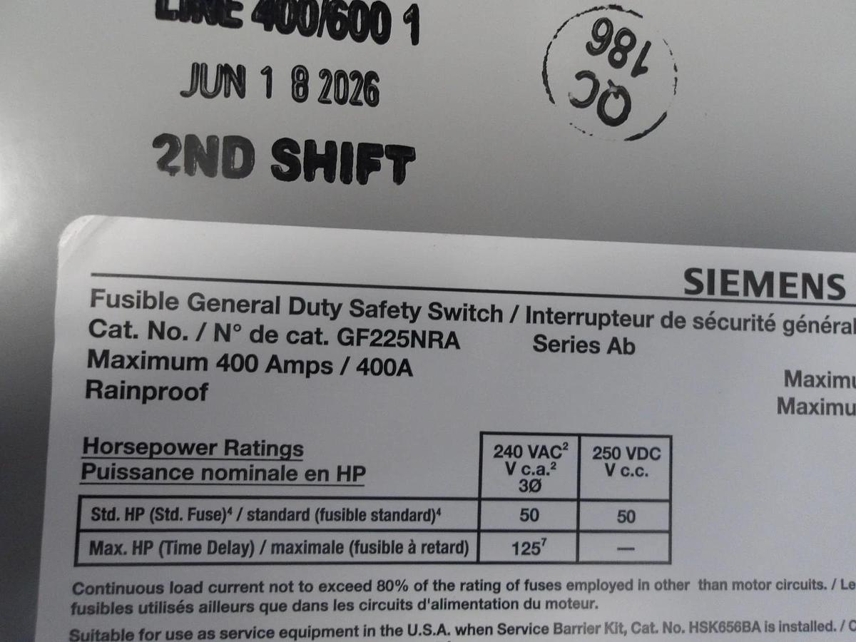 SIEMENS 400 AMP SAFETY SWITCH 240/250 V, #720206G NIB