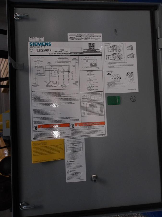 Used SIEMENS 87DUD6FC PUMP PANEL & SIZE 1 STARTER, #211903G NEW