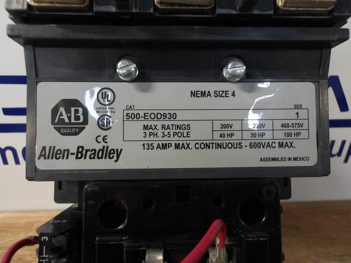 Used ALLEN BRADLEY 500-E0D930 SIZE 4 CONTACTOR 135 A, 600 V, #34750G NEW