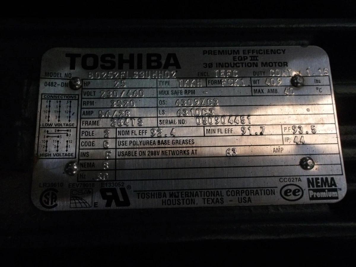 Used TOSHIBA 25 HP MOTOR, FR 284TS, 230-460 V, 3620 RPM, #7251110G NEW