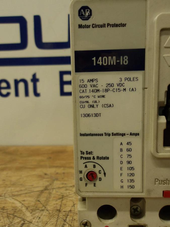 Used ALLEN BRADLEY 15 AMP BREAKER 250VDC/600VAC, #77848G USED