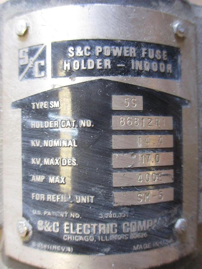 Used S&C SNUFFLER SM5S POWER FUSE HOLDER-INDOOR 86812R1, #4261255J USED
