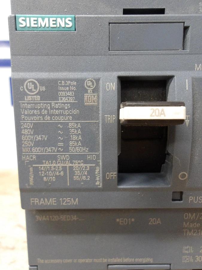Used SIEMENS 20 AMP BREAKER 600/347 V, #715116G USED