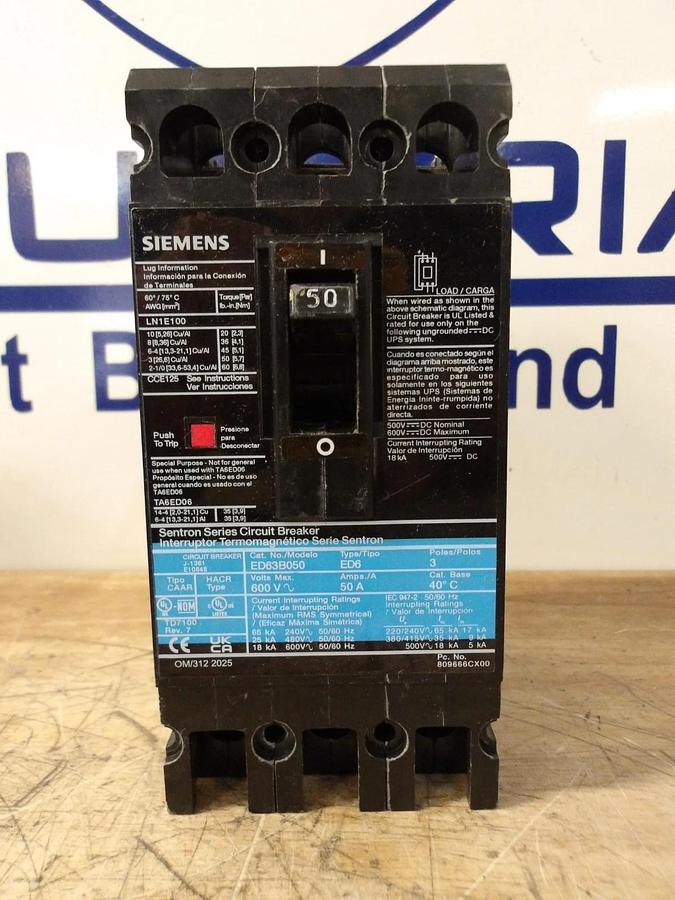 SIEMENS 50 AMP ED CIRCUIT BREAKER, 600 V, #512830G NIB
