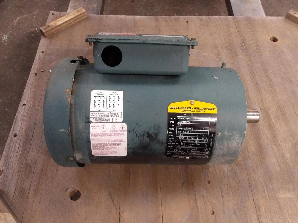 Used BALDOR RELIANCE 1.5 HP MOTOR, FR 145TC, 1755 RPM, 208-230/460 V, #728130G NEW