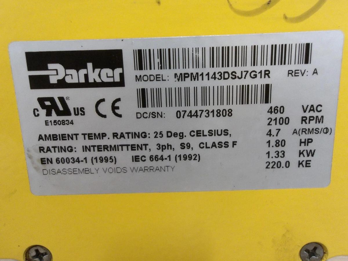 Used PARKER MPM1143DSJ7G1R SERVO MOTOR, 460 V, 2100 RPM, #617203G REMANUFACTURED