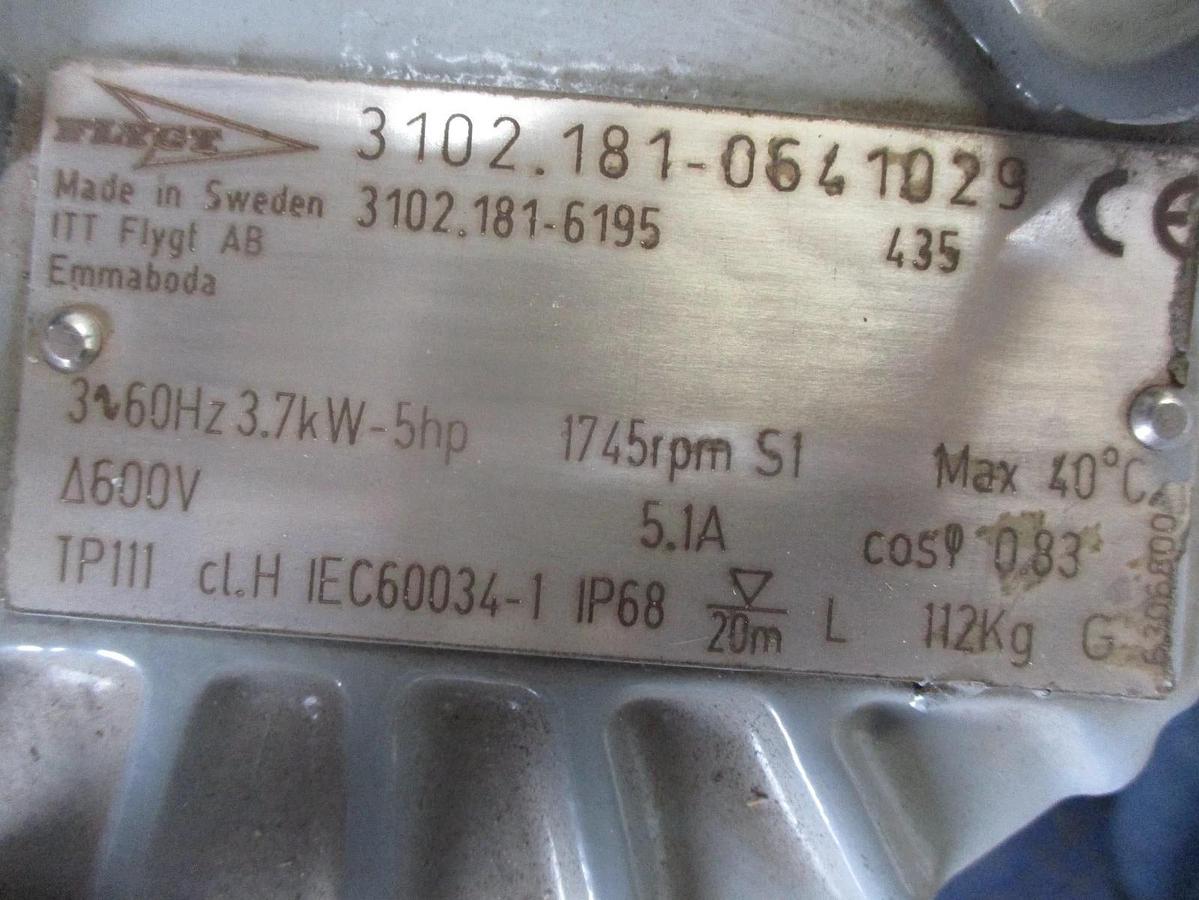 Used FLYGT 4" SUBMERSIBLE PUMP 5 HP, #68135JW NIC