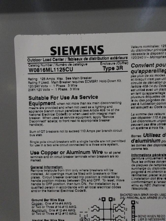 Used SIEMENS 125 AMP OUTDOOR LOAD CENTER, 120-240 V, #512212G NEW