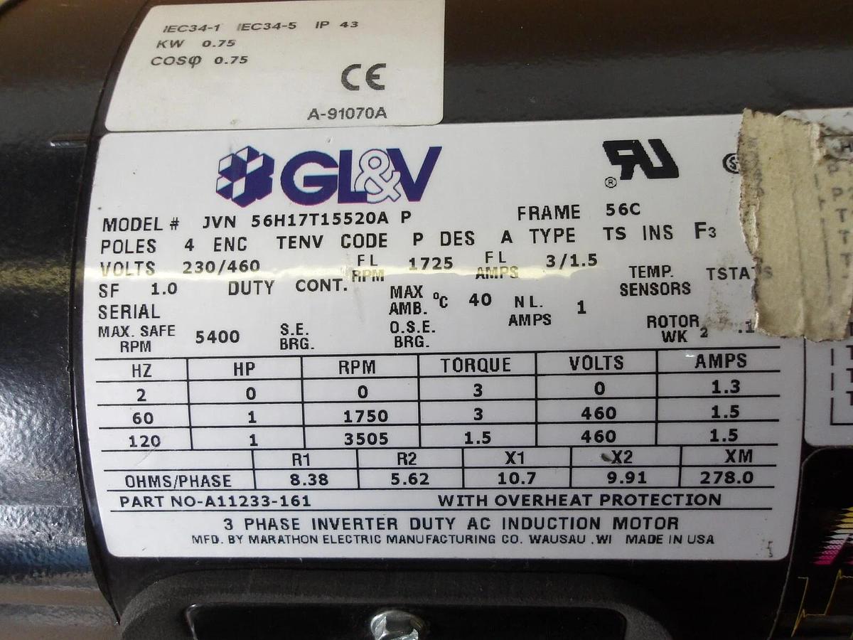 Used GL&V 1 HP MAXGUARD MOTOR, FR 56C, 1750/3505 RPM, 460-230 V, #11141006G NEW