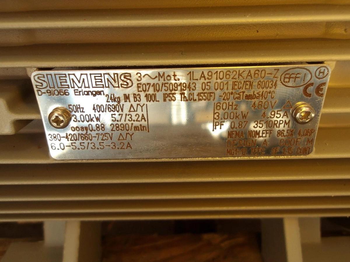 Used SIEMENS 3 KW / 1 HP MOTOR, 3510 RPM, 460 V, 31014200G NEW