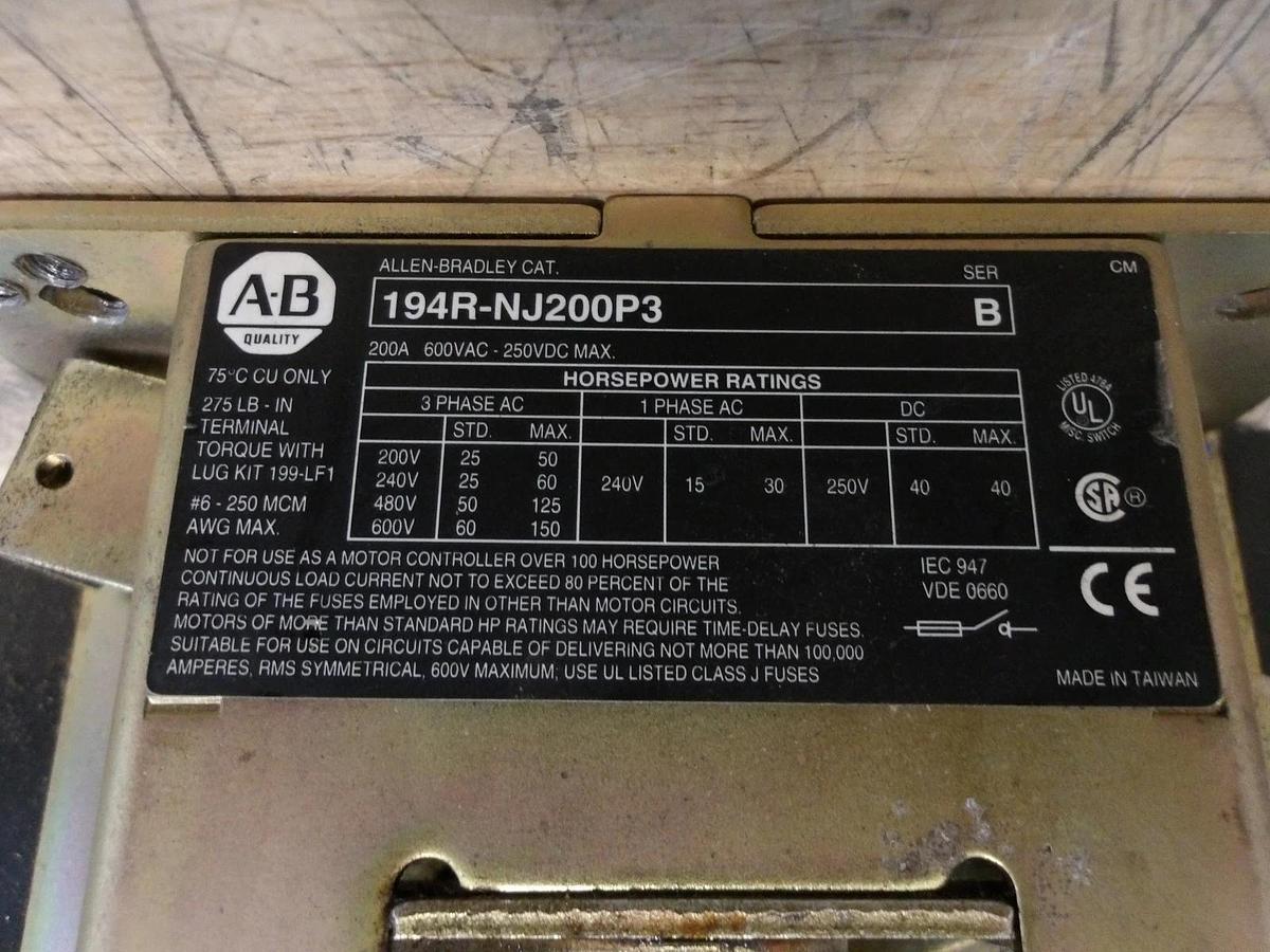 Used ALLEN BRADLEY 194R-NJ200P3 DISCONNECT SWITCH, 200-240-480-600 V, #918246G USED