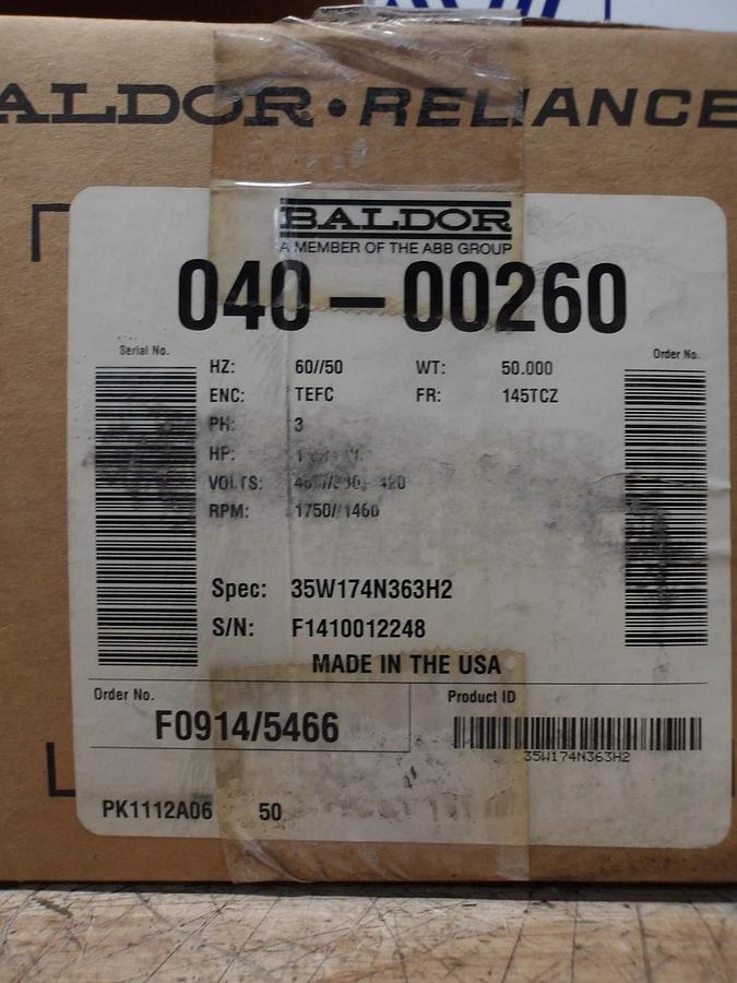 BALDOR RELIANCE 1.6/1.28 HP MOTOR, 1750/1460 RPM, 460/380-420 V, #65915G NIB
