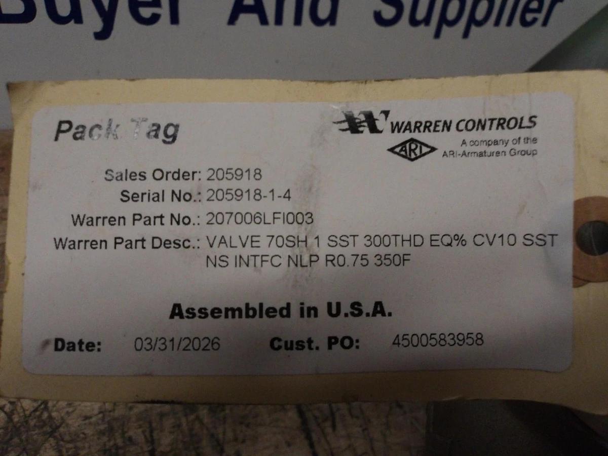 Used WARREN 1" S/S GLOBE VALVE, #61937G NEW