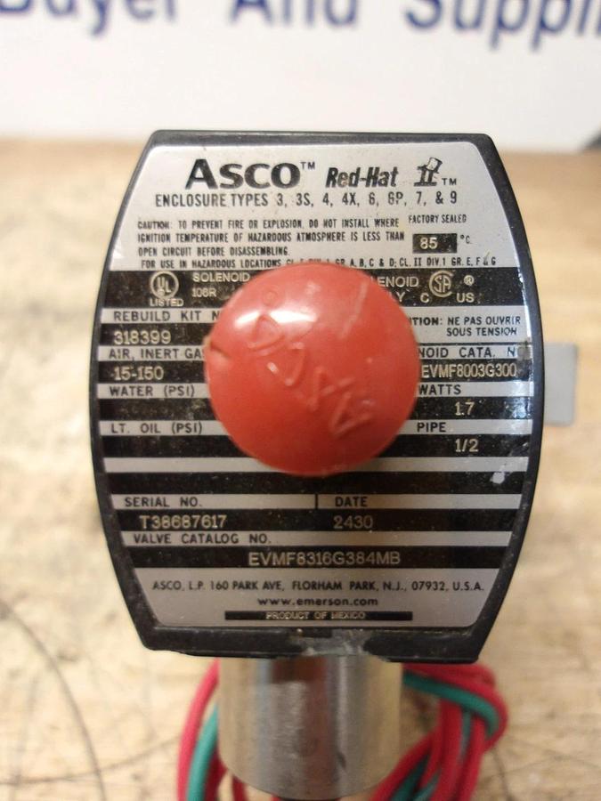 Used ASCO RED HAT 1/2" SOLENOID VALVE EVMF8316G384MB, #61841G NEW