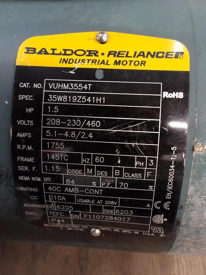 Used BALDOR RELIANCE 1.5 HP MOTOR, FR 145TC, 1755 RPM, 208-230/460 V, #728130G NEW