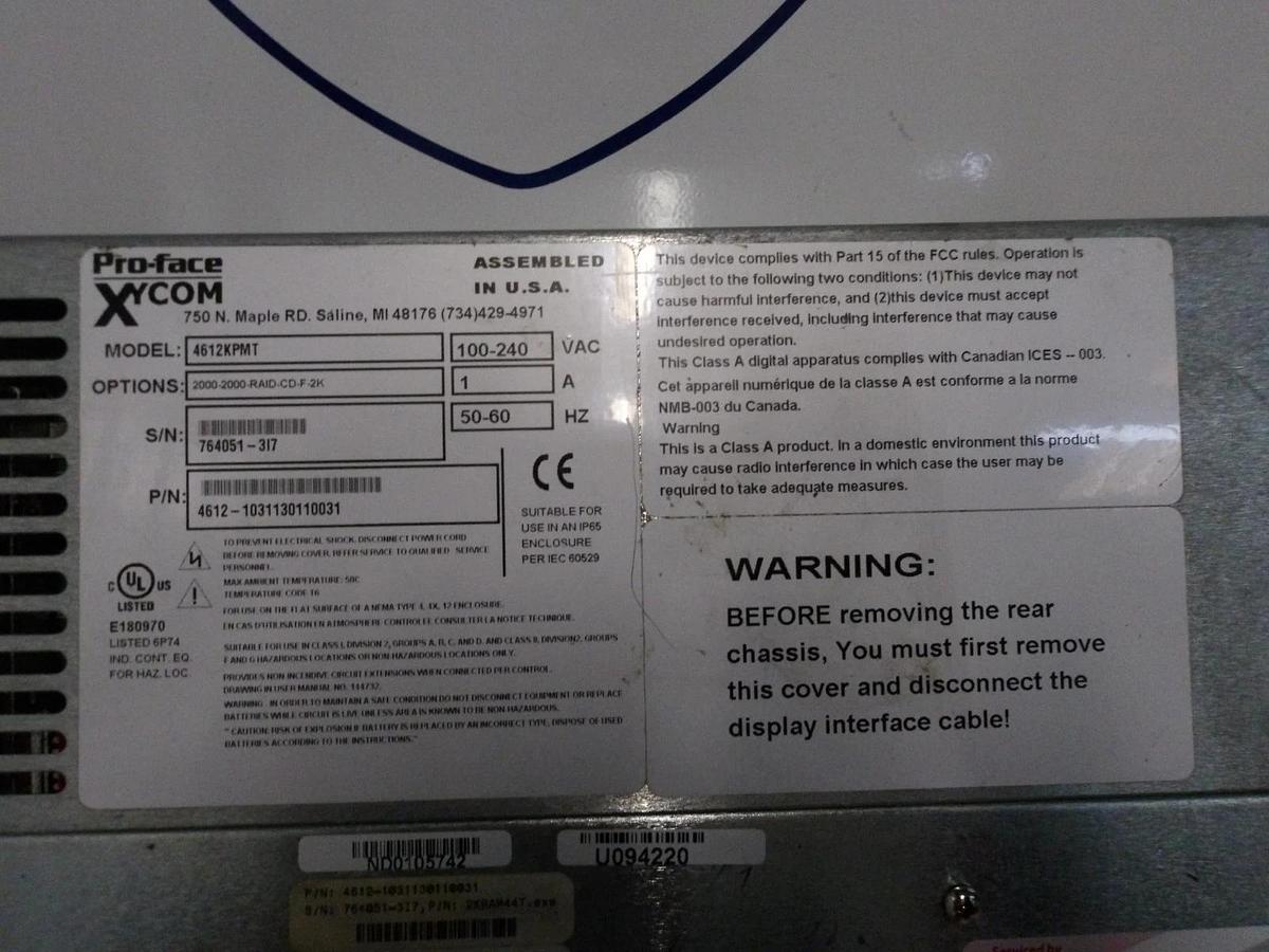 Used XYCOM AUTOMATIOC 4612KPMT PROFACE INDUSTRIAL COMPUTER, #6131027G PARTS ONLY