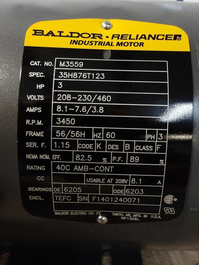 BALDOR RELIANCE 3 HP MOTOR, 3450 RPM, 56/56H FR, 208-230/460 V, #69221G NIB