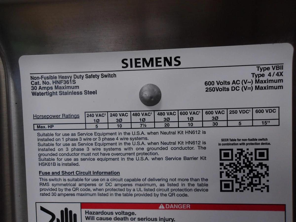 Used SIEMENS 30 AMP S/S SAFETY SWITCH 600/250 V, #716148G NEW