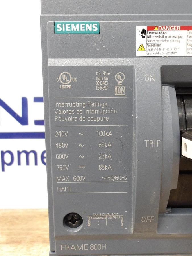 Used SIEMENS 800 AMP BREAKER 240-480-600-750 V, #630936G NEW