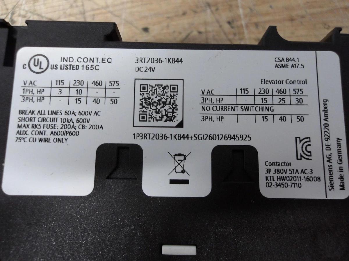 Used SIEMENS 3RT2036-1KB44 POWER CONTACTOR, #529917G NEW