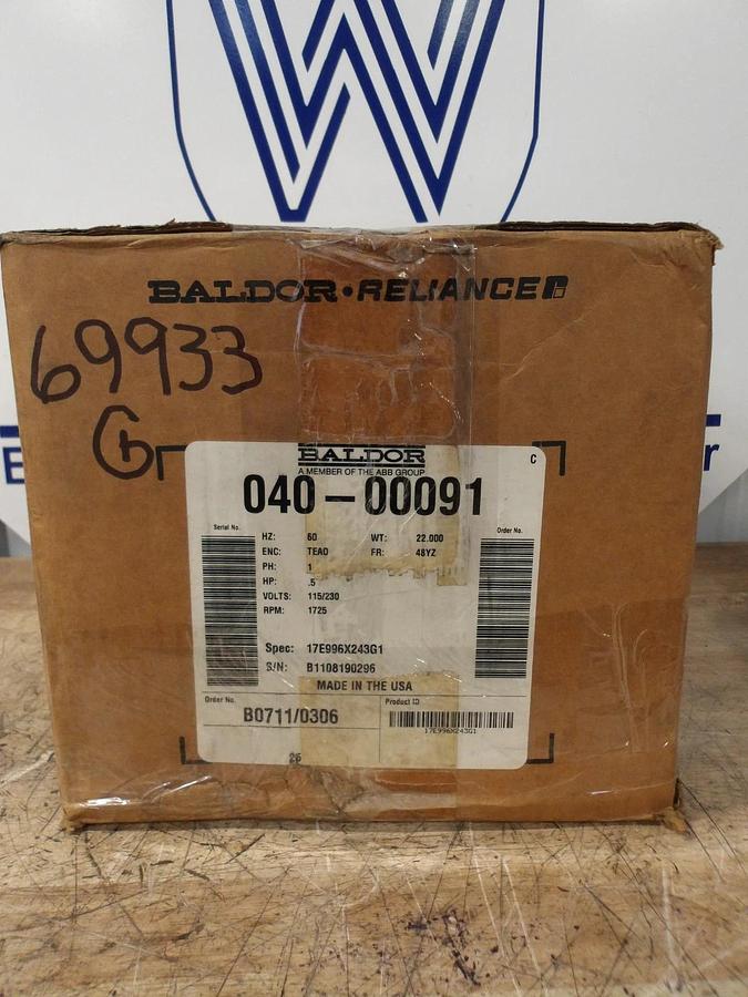 BALDOR RELIANCE .5 HP MOTOR, 1 PHASE, 115/230 V, 1725 RPM, FR 48YZ, #69933G NIB