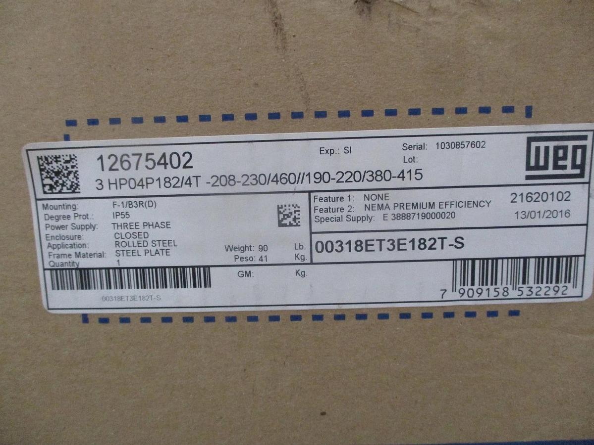 WEG 3 HP MOTOR, FR 182/4T, 208-230/460 V, 1765 RPM, #69842J NIB