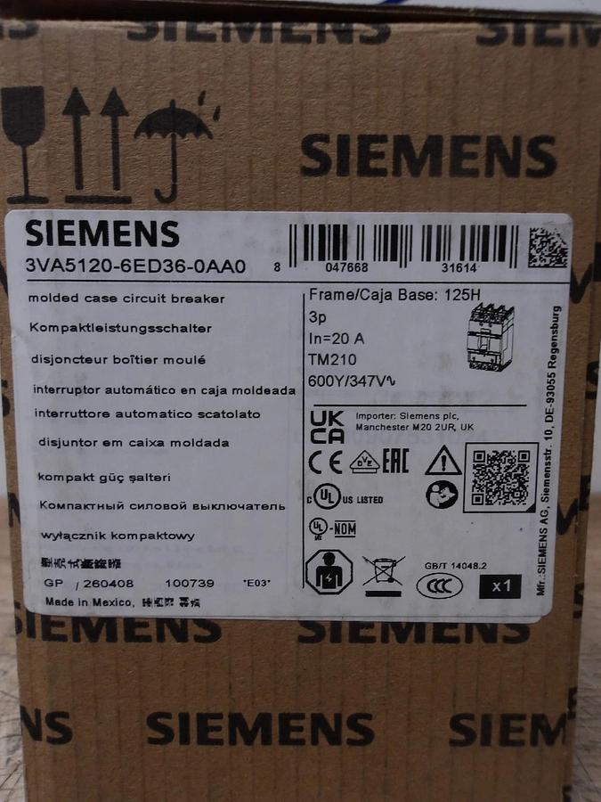 SIEMENS 20 AMP BREAKER 240-480/600 V, #78150G NIB