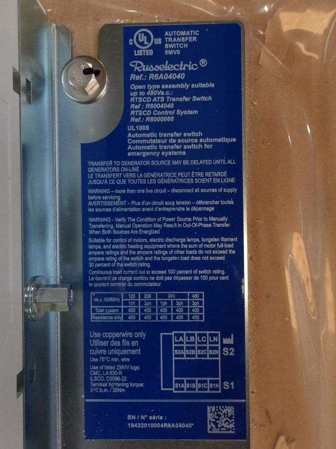 RUSSELECTRIC RTSCD TRANSFER SWITC R6A04040, 400 AMP, #1221015G NIB