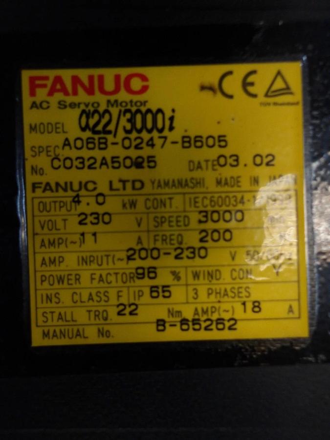Used FANUC A06B-0247-B605 AC SERVO MOTOR, 3000 RPM, #6171138G REMANUFACTURED