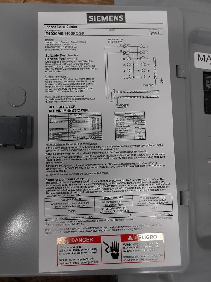 Used SIEMENS 100 AMP RENOVATION PANEL W/ BREAKERS, #5111050G NEW