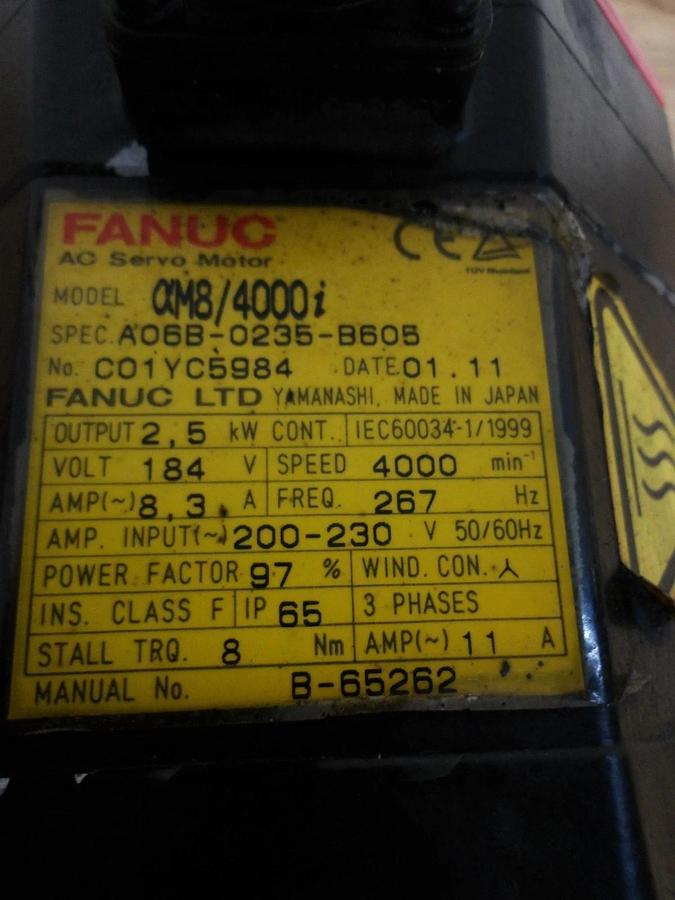 Used FANUC A06B-0235-B-605 AC SERVO MOTOR, 4000 RPM, #6191040G USED