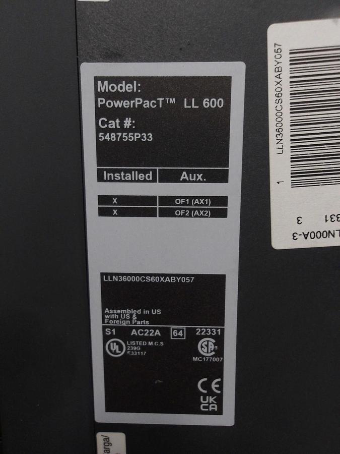 SCHNEIDER SQUARE D POWERPACT LL600 BREAKER, 600 A, #813920G NIB