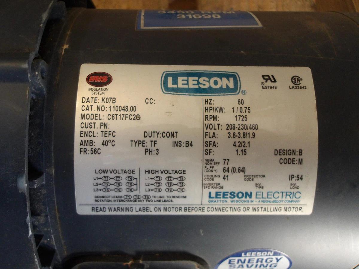 Used LEESON 1 HP MOTOR, FR 56C, 1725 RPM, 208-230/460 V, #11211045G NEW