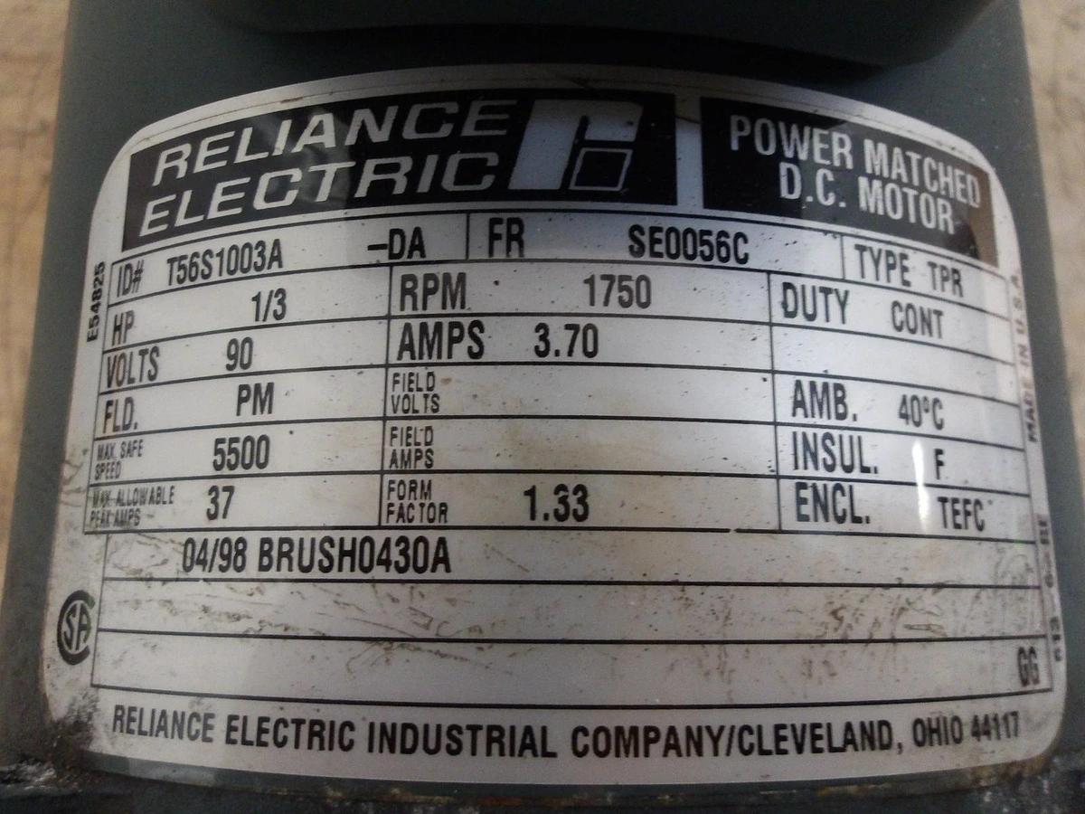 Used RELIANCE 1/3 HP DC MOTOR, FR SE0056C, 1750 RPM, 90 V, #7151021G USED