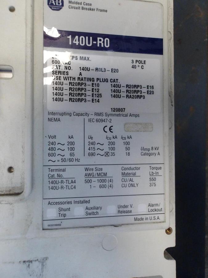 Used ALLEN BRADLEY 1600 AMP CIRCUIT BREAKER 140U-R0L3-E20, #611253G USED