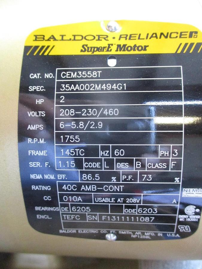 Used BALDOR-RELIANCE 2 HP SUPER-E MOTOR, #6151040J NEW