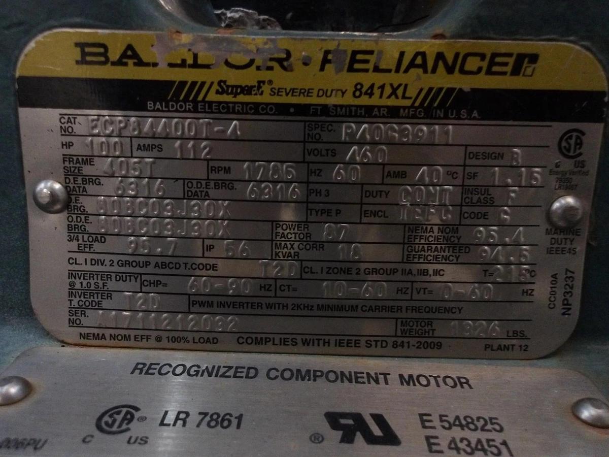 Used BALDOR RELIANCE 100 HP SUPER-E 841XL MOTOR, FR 405T, 1785 RPM, 460 V, #113845G