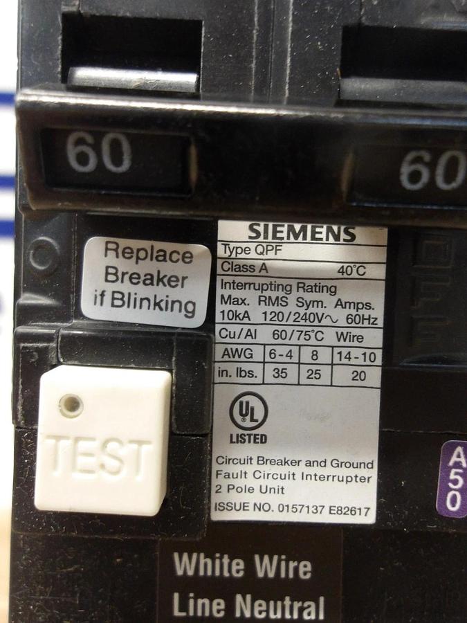 SIEMENS 60 AMP GROUND FAULT BREAKER 120/240 V, #7201156G NIB