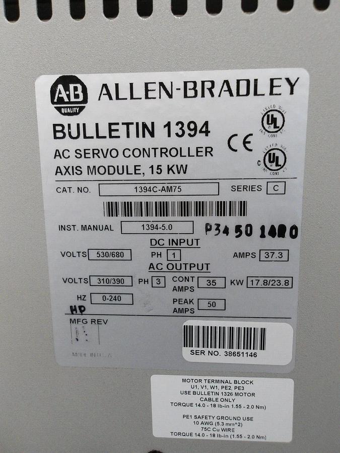 Used ALLEN BRADLEY 15 KW AXIS MODULE 1394C-AM75, #3241008G NEW