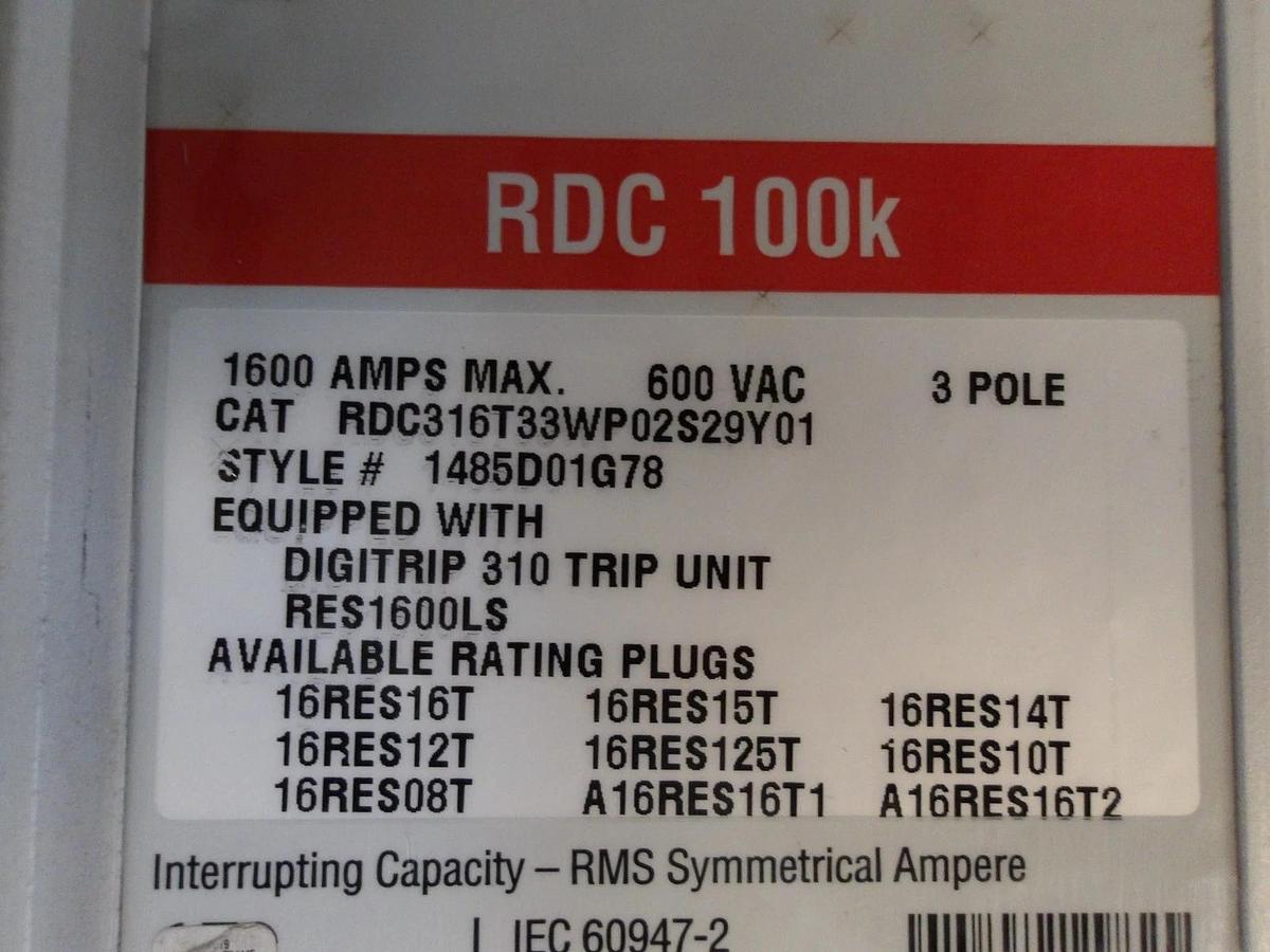 Used EATON 1500 AMP CIRCUIT BREAKER RDC316T33WP02S29Y01, #6121021G USED