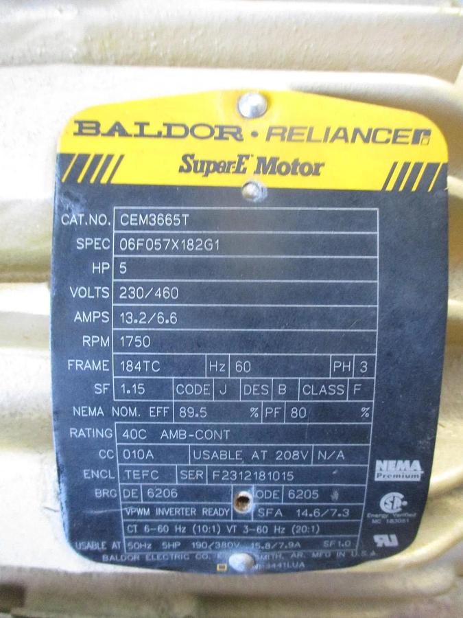 Used BALDOR RELIANCE 5 HP SUPER-E MOTOR, 184TC FR, 230/460 V, 1750 RPM, #610923J USED