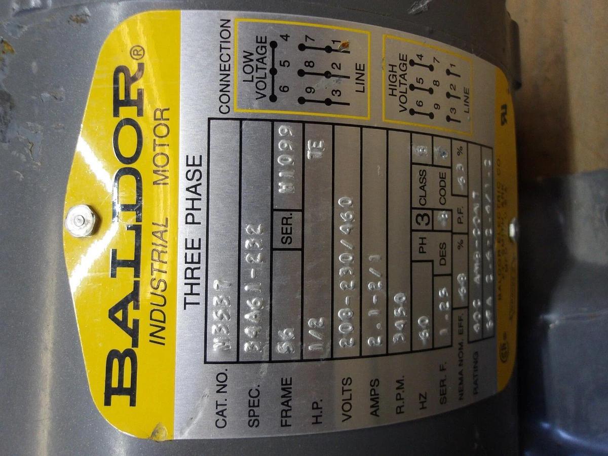 Used BALDOR 1/2 HP MOTOR, FR 56, 3450 RPM, 208-230/460 V, #1121830G NEW