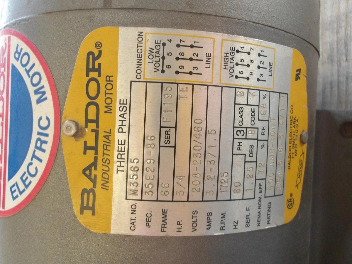 Used BALDOR 3/4 HP MOTOR, FR 66, 1725 RPM, 208-230/460 V, #111309G NEW
