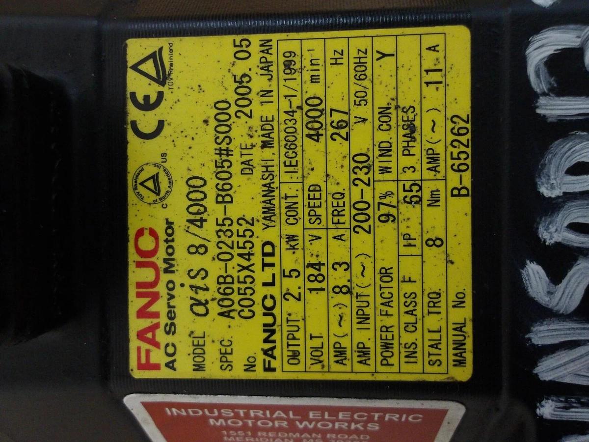 Used FANUC A06B-0235-B605 5000 AC SERVO MOTOR, 4000 RPM, #571135G REMANUFACTURED