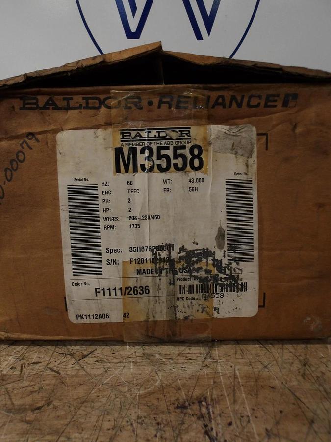 BALDOR 2 HP MOTOR, 208-230/460 V, 1735 RPM, 56H FR, #69243G NIB