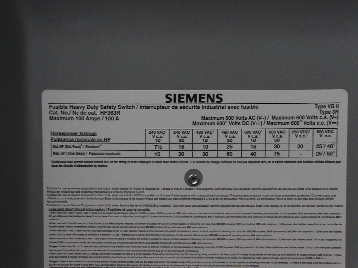 Used SIEMENS 100 AMP SAFETY SWITCH F363R, #124755G NEW