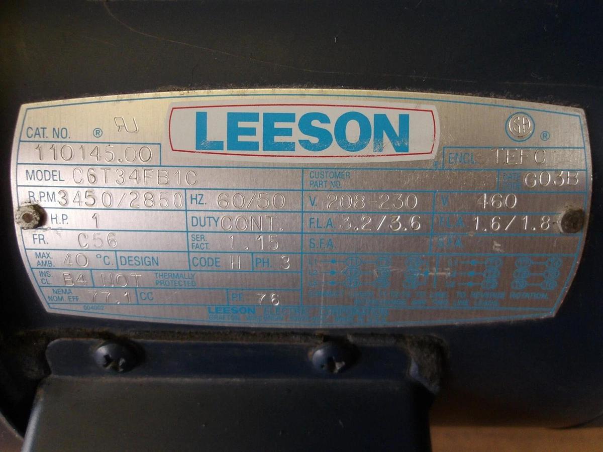 Used LEESON 1 HP MOTOR, FR C56, 3450/2850 RPM, 208/230-460 V, #114850G NEW
