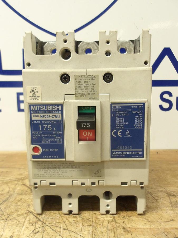 Used MITSUBISHI 175 AMP CIRCUIT BREAKER NF225-CWU, 240 V, #123216G USED