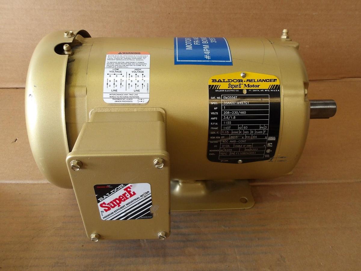Used BALDOR SUPER-E 1 HP MOTOR, FR 145T, 1155 RPM, 208-230/460 V, #114915G NEW