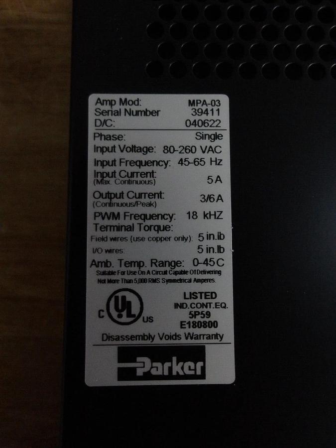 Used PARKER MPA-03 BRUSHLESS SERVO AMPLIFIER, SINGLE PHASE, #210830G REMANUFACTURED